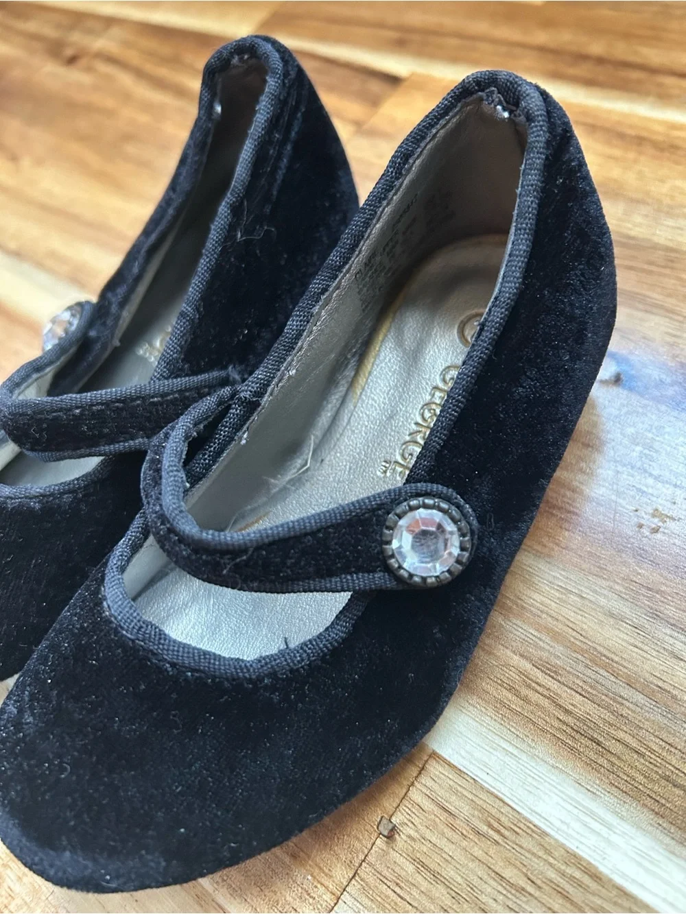 George Black Velvet Mary Jane Shoes with Gem Accent